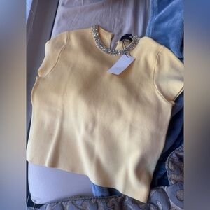 Zara Yellow Blouse with Pearl Neckline